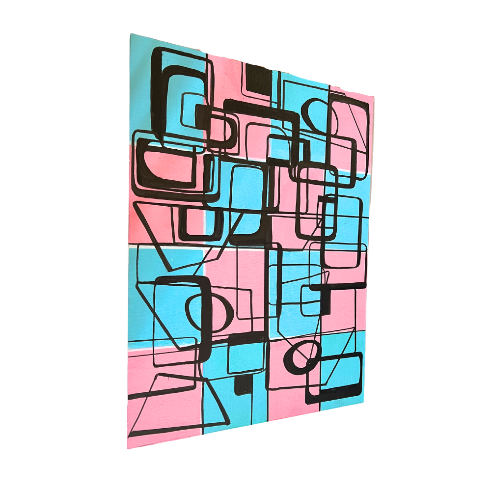 Abstract Retro Geometric Painting with Pastel Pink and Blue