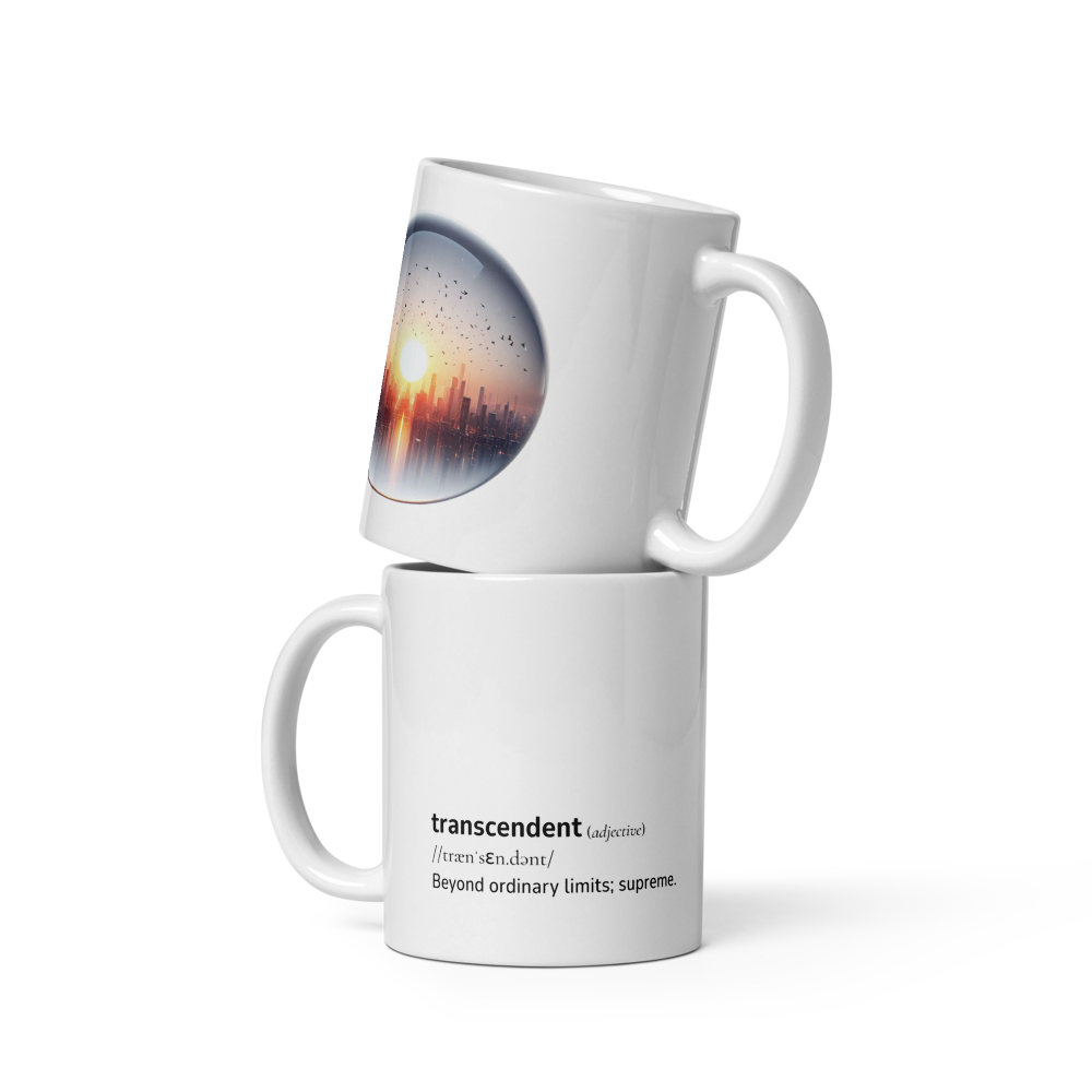 White glossy mug with Word dictionary design - transcendent