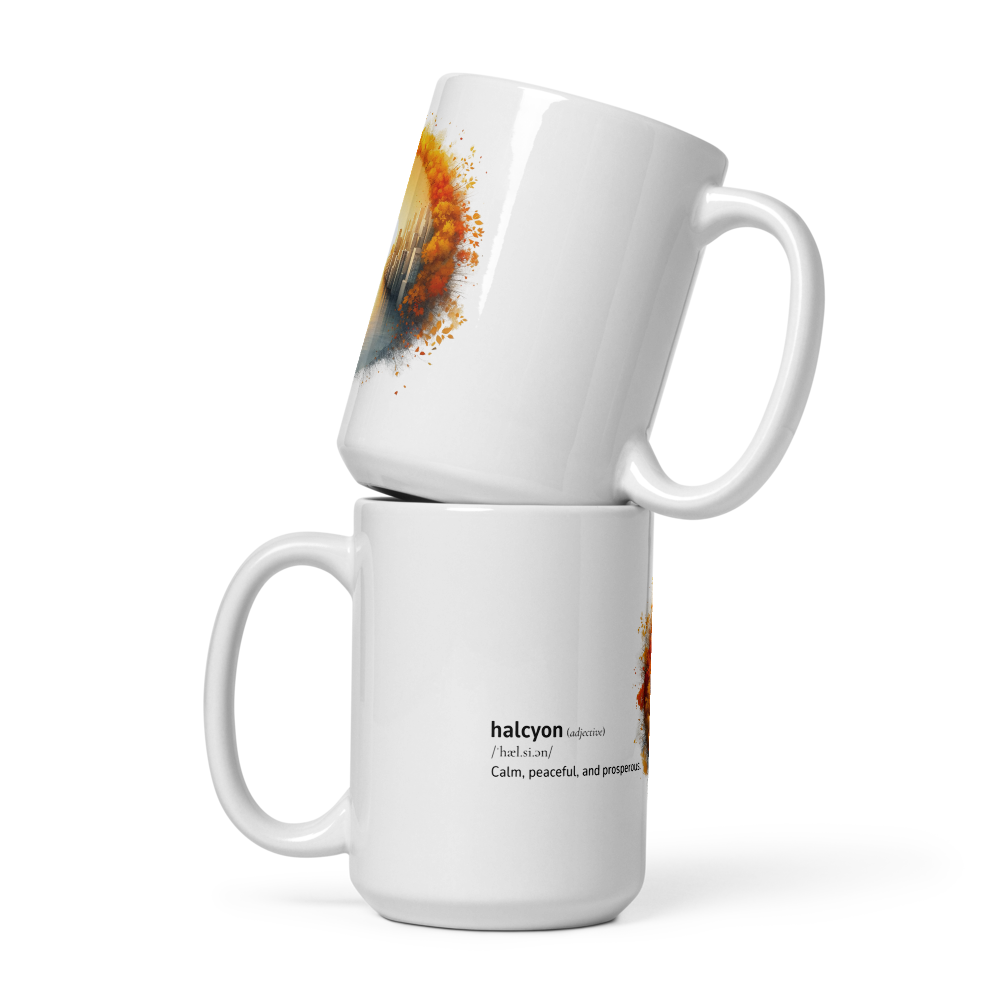 White glossy mug with word dictionary - halcyon