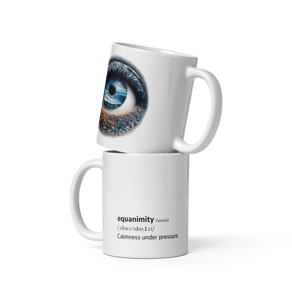 White glossy mug with Word dictionary design - equanimity