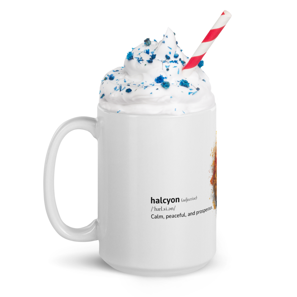 White glossy mug with word dictionary - halcyon