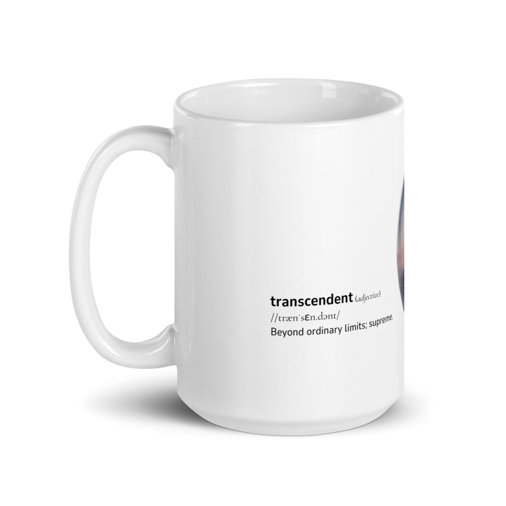 White glossy mug with Word dictionary design - transcendent