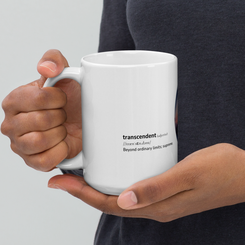 White glossy mug with Word dictionary design - transcendent
