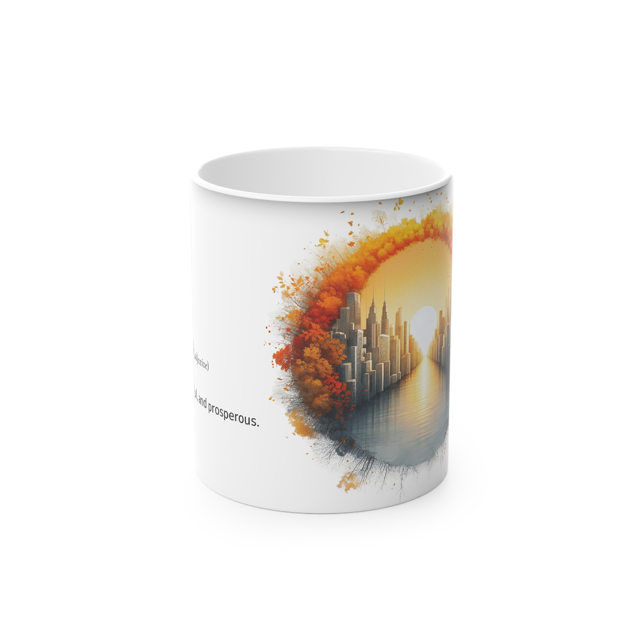 Magic Mug – Inspirational Word Dictionary Design - halcyon & Autumn Cityscape Print | Personalised Coffee Cup & Unique Gift Idea | Motivational Home Décor & Decorative Drinkware