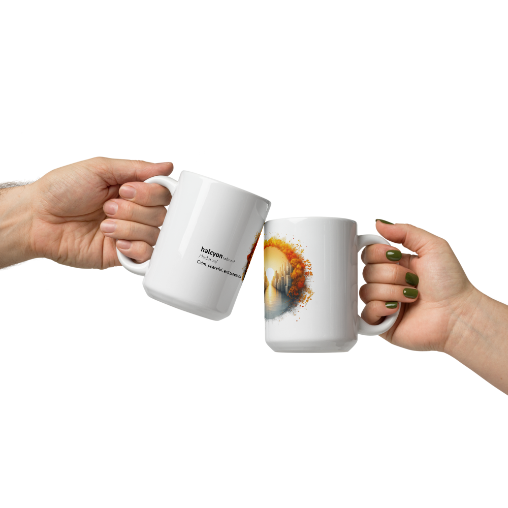 White glossy mug with word dictionary - halcyon