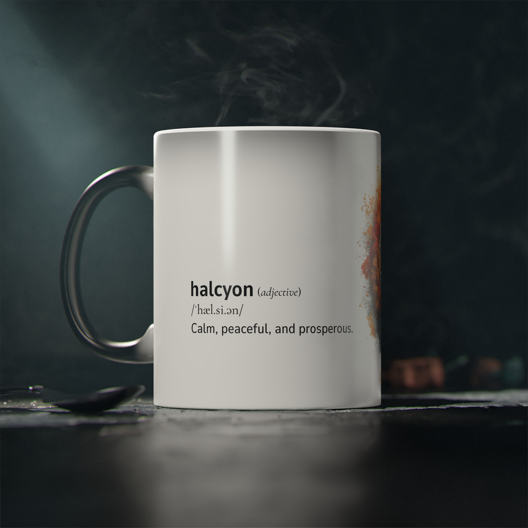 Magic Mug – Inspirational Word Dictionary Design - halcyon & Autumn Cityscape Print | Personalised Coffee Cup & Unique Gift Idea | Motivational Home Décor & Decorative Drinkware