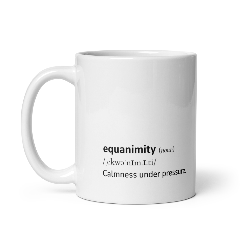 White glossy mug with Word dictionary design - equanimity