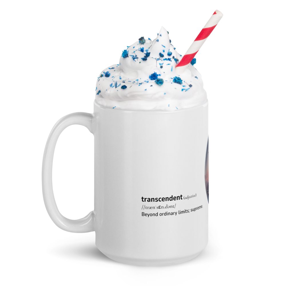 White glossy mug with Word dictionary design - transcendent
