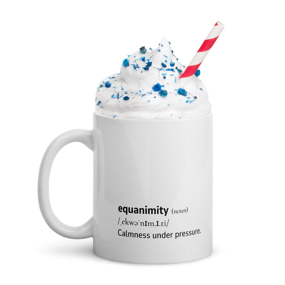 White glossy mug with Word dictionary design - equanimity