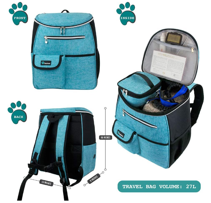 PetAmi Dog Travel Bag Backpack, Airline Approved Dog Bags for Traveling, Puppy Diaper Bag Supplies, Pet Camping Essentials Hiking Accessories Dog Mom Gift, Food Container, Collapsible Bowls, Teal Blue