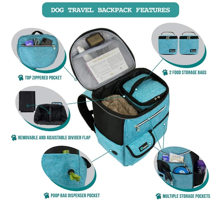 PetAmi Dog Travel Bag Backpack, Airline Approved Dog Bags for Traveling, Puppy Diaper Bag Supplies, Pet Camping Essentials Hiking Accessories Dog Mom Gift, Food Container, Collapsible Bowls, Teal Blue