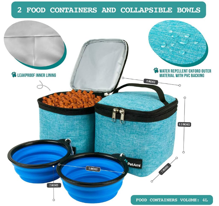 PetAmi Dog Travel Bag Backpack, Airline Approved Dog Bags for Traveling, Puppy Diaper Bag Supplies, Pet Camping Essentials Hiking Accessories Dog Mom Gift, Food Container, Collapsible Bowls, Teal Blue
