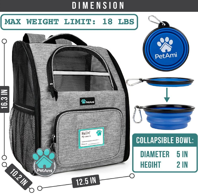 Dog Backpack Carrier for Small Large Cat, Pet, Puppy, Ventilated Pet Hiking Backpack Travel Bag, Airline Approved Cat Backpack Carrier, Camping Biking Dog Bag Up to 18lbs Pet, Grey