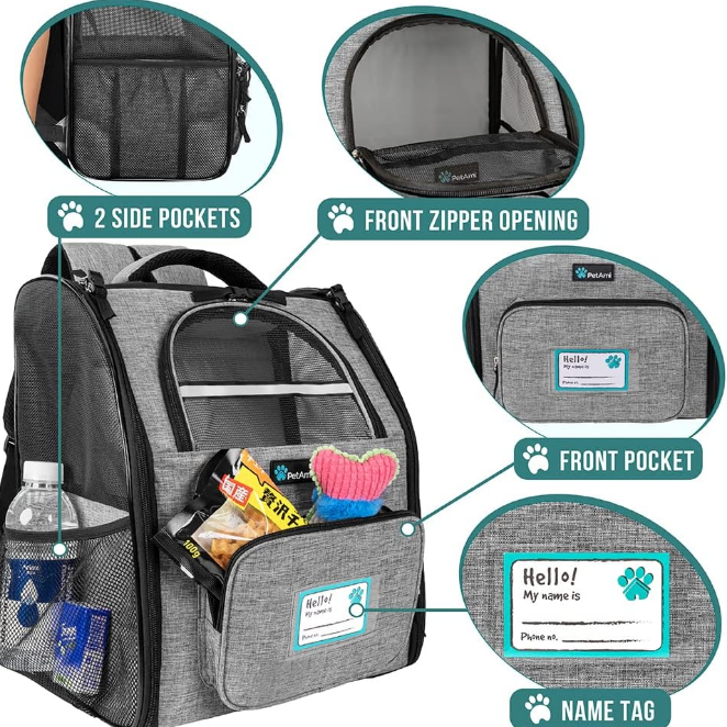 Dog Backpack Carrier for Small Large Cat, Pet, Puppy, Ventilated Pet Hiking Backpack Travel Bag, Airline Approved Cat Backpack Carrier, Camping Biking Dog Bag Up to 18lbs Pet, Grey