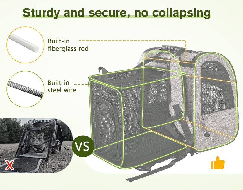 Pet Carrier Backpack, Dog Carrier Backpack, Expandable with Breathable Mesh for Small Dogs Cats Puppies, Pet Backpack Bag for Hiking Travel Camping Outdoor Hold Pets Up to 17 Lbs