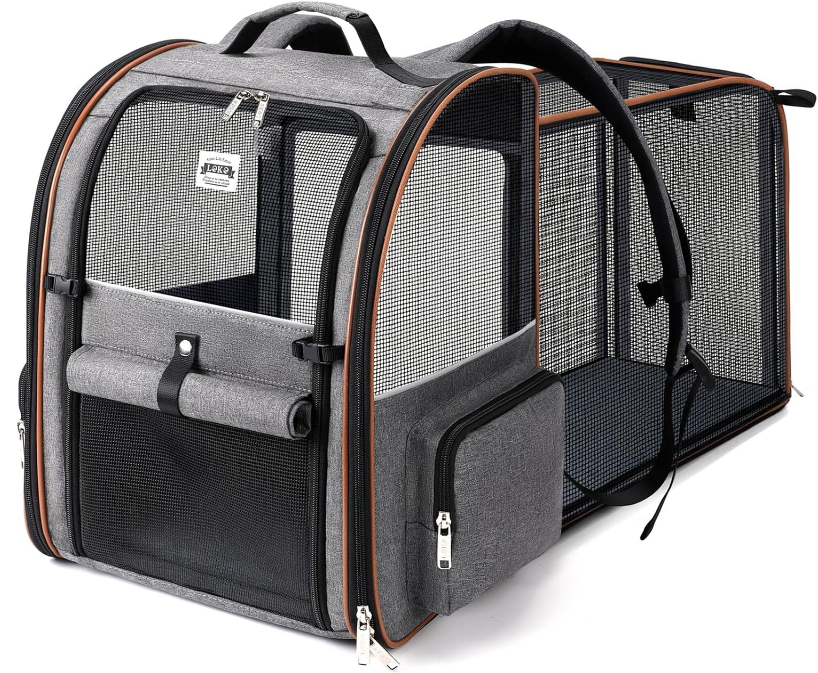 Large Cat Backpack Carrier Expandable Pet Carrier Backpack for Small Dogs Medium Cats Fit Up to 18 Lbs, Dog Backpack Carrier, Foldable Puppy Backpack Carrier for Travel, Hiking,Grey