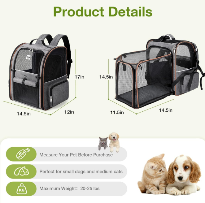 Large Cat Backpack Carrier Expandable Pet Carrier Backpack for Small Dogs Medium Cats Fit Up to 18 Lbs, Dog Backpack Carrier, Foldable Puppy Backpack Carrier for Travel, Hiking,Grey