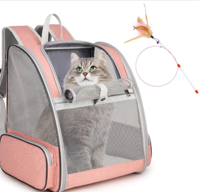 Cat Backpack Carrier, Large Pet Backpack with Cat Wand Feather Toy for Medium Small Dog Cat Puppy Kitten Bunny up to 15lbs, Ventilated Mesh Dog Travel Backpack for Hiking Walking Outdoor Use (Pink)