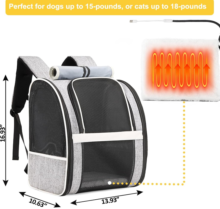  Cat Backpack Carrier with Heating Pad - Portable Pet Carrier for Small Dogs & Medium Cats, Adjustable Temperature & USB Charge Port, Chew Resistant Cord, Ideal for Winter Outings & Travel