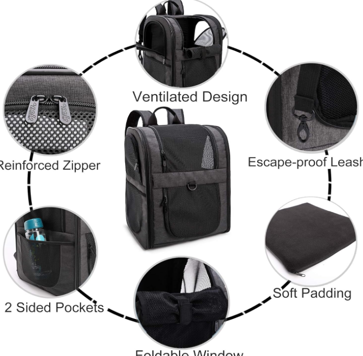Pet Carrier Backpack for Large/Small Cats and Dogs, Puppies, Safety Features and Cushion Back Support for Travel, Hiking, Outdoor Use (Black)