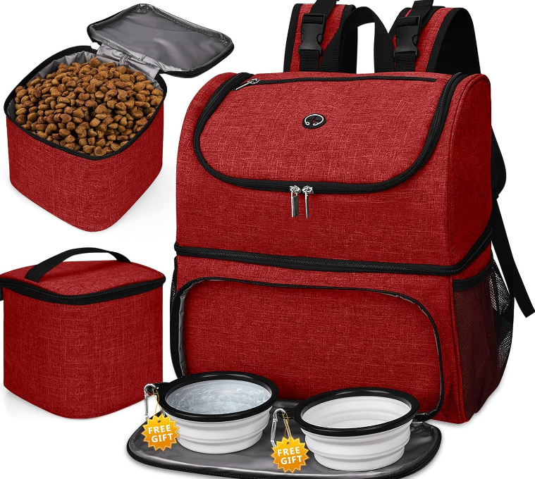 Pet Travel Bag, Double-Layer Pet Supplies Backpack (for All Pet Travel Supplies), Pet Travel Backpack with 2 Silicone Collapsible Bowls and 2 Food Baskets Red