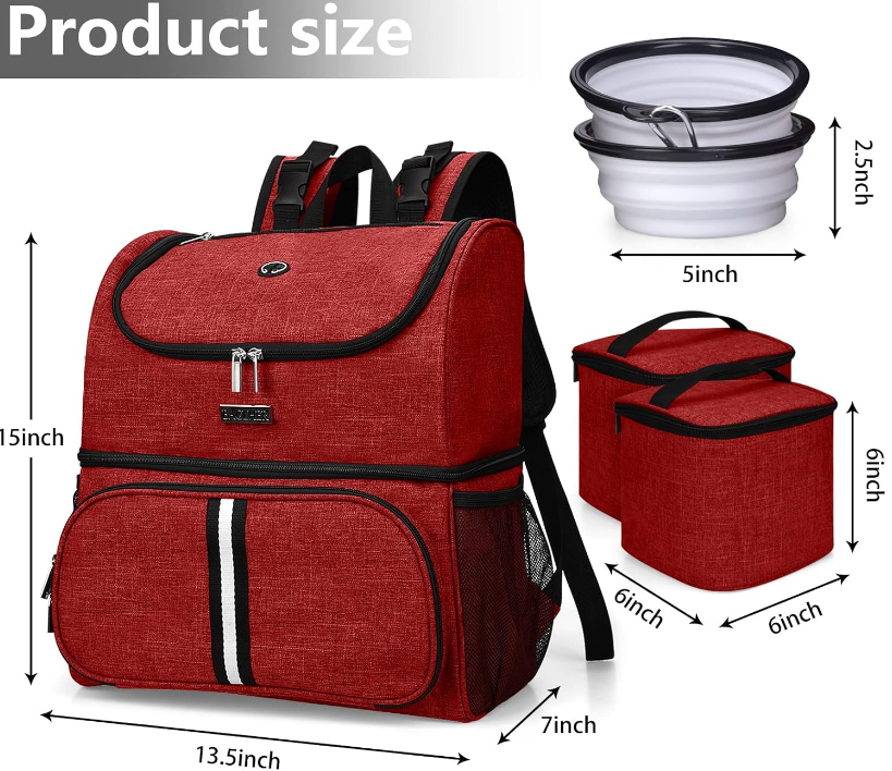 Pet Travel Bag, Double-Layer Pet Supplies Backpack (for All Pet Travel Supplies), Pet Travel Backpack with 2 Silicone Collapsible Bowls and 2 Food Baskets Red