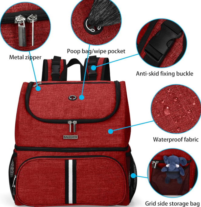 Pet Travel Bag, Double-Layer Pet Supplies Backpack (for All Pet Travel Supplies), Pet Travel Backpack with 2 Silicone Collapsible Bowls and 2 Food Baskets Red