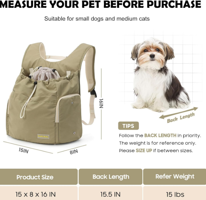 Dog Front Carrier Backpack, Adjustable Pet Dog Carrier Backpack Ventilated Mesh Dog Travel Backpack with Zippered Side Windows for Traveling Hiking for Small Medium Dogs Cats (Max 15 lbs)