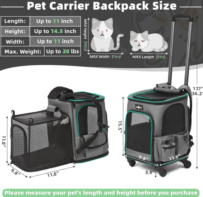 Cat Carrier Backpack with Wheels, Expandable Rolling Pet Carrier with Breathable Mesh, Removable Cat Dog Backpack Carrier with Storage Pocket for Small Medium Cat Dog Under 20LBS