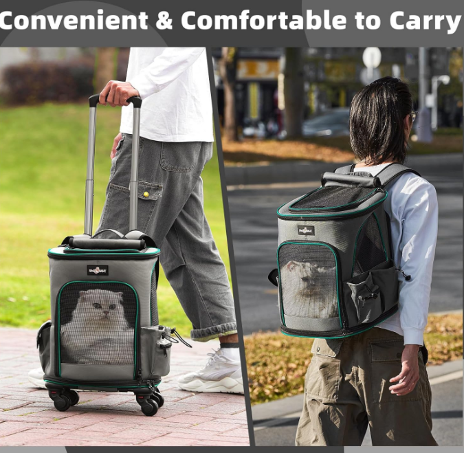 Cat Carrier Backpack with Wheels, Expandable Rolling Pet Carrier with Breathable Mesh, Removable Cat Dog Backpack Carrier with Storage Pocket for Small Medium Cat Dog Under 20LBS