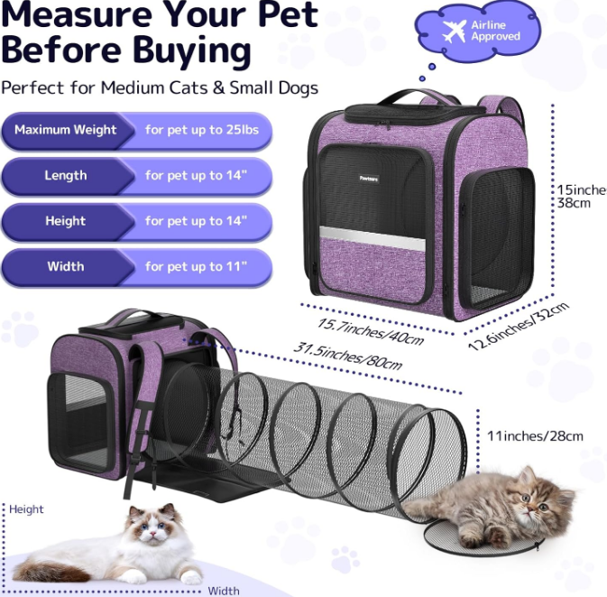Cat Carrier Backpacks: Pawtners Expandable+Cat+Backpack with Breathable Mesh, Pet Carrier Backpack for Cats Small Dogs Puppies Up to 25 Lbs, Dog Carrier Backpack for Travel Hiking Camping Outdoor