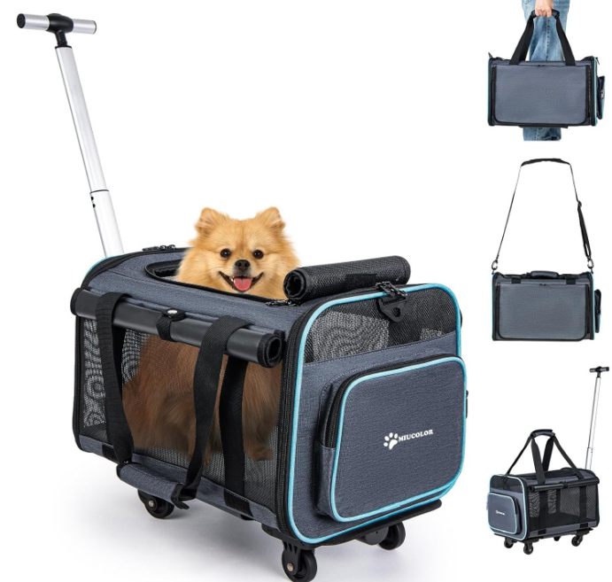 Small Pet Carrier with Wheels, Airline & TSA Approved, Foldable Cat/Dog Travel Soft Carrier Bag, Rolling Pet Backpack with Telescopic Handle, Shoulder Strap & Unique Safety Buckle, Grey