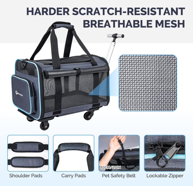 Small Pet Carrier with Wheels, Airline & TSA Approved, Foldable Cat/Dog Travel Soft Carrier Bag, Rolling Pet Backpack with Telescopic Handle, Shoulder Strap & Unique Safety Buckle, Grey