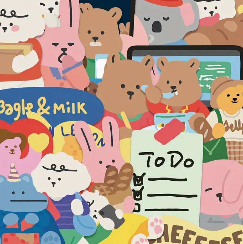 Korean stickers with Rabbit Bear Food - Set of 10