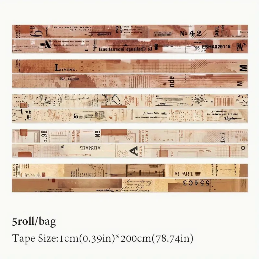 Washi Masking Tape Set of 5 - Vintage Marked Trace Design
