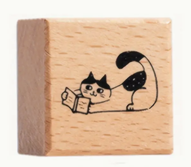 Wooden Kitten Stamp - Reading book