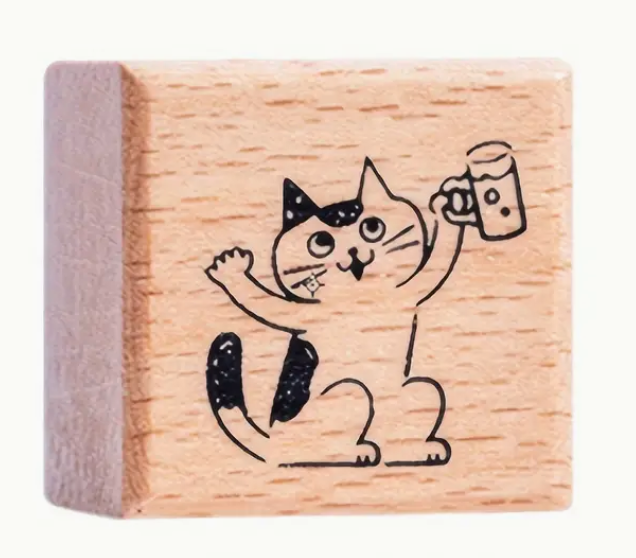 Wooden Kitten Stamp - Drinking beer