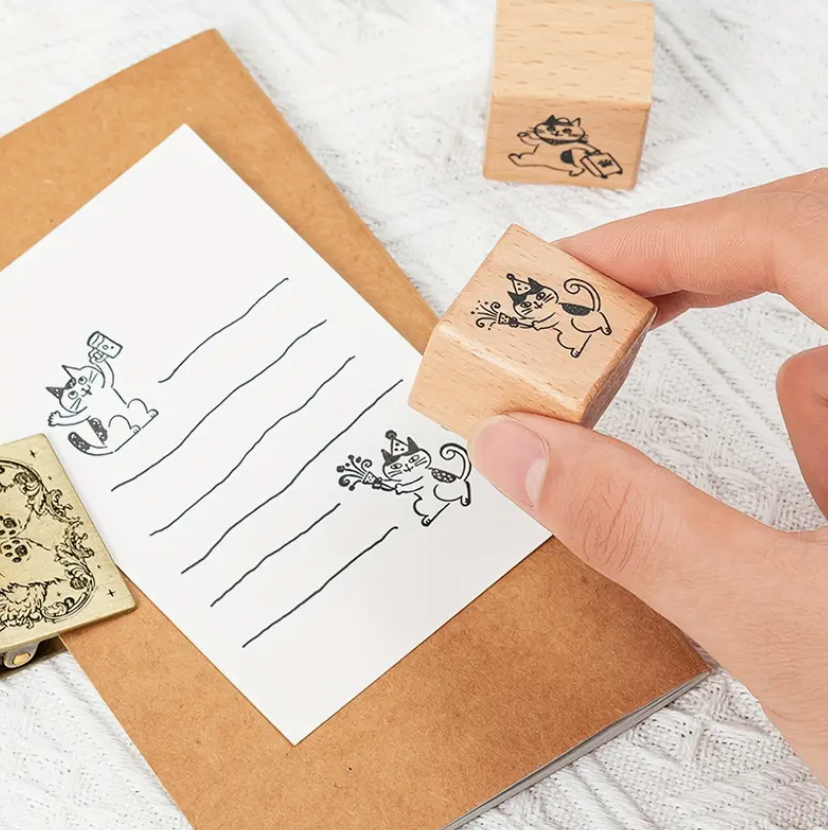 Wooden Kitten Stamp - Drinking beer