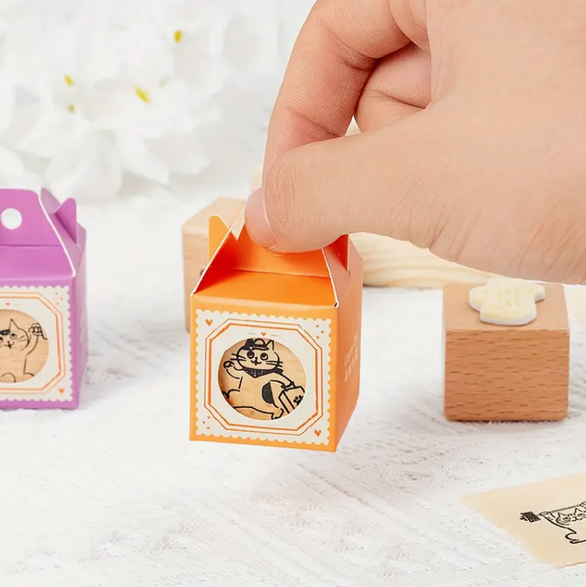 Wooden Kitten Stamp - Travelling with luggage