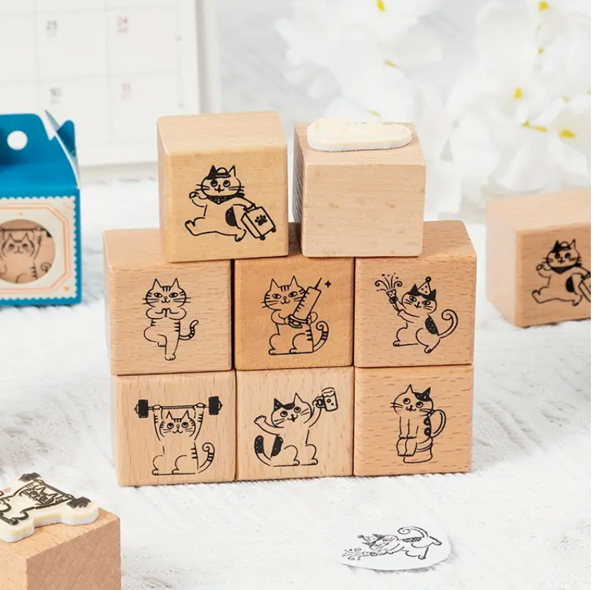 Wooden Kitten Stamp - Travelling with luggage
