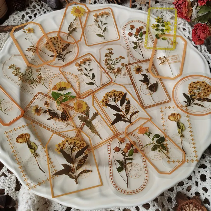 Vintage Botanical Flower Transparent Decorative Stickers - Yellow