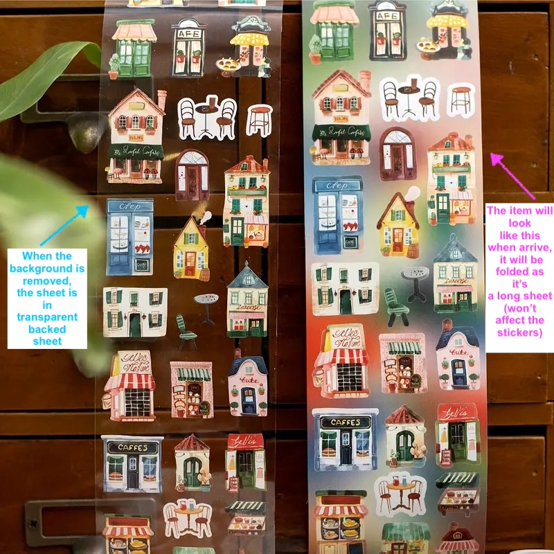 Cute watercolour illustration daily shop fronts cafe restaurant old houses die cut stickers