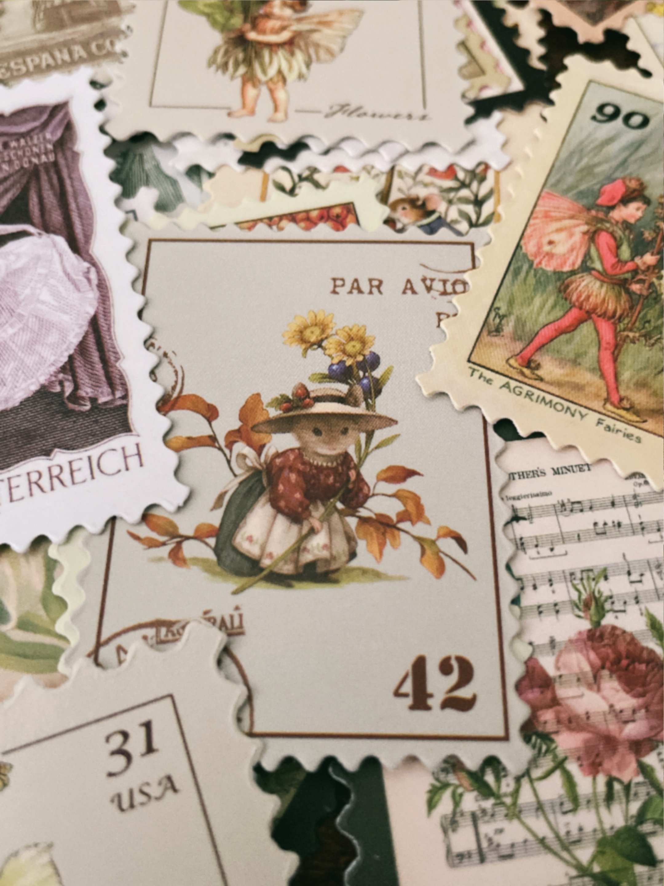 Vintage Decorative Postage Stamps Stickers - Set of 10