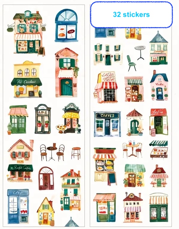 Cute watercolour illustration daily shop fronts cafe restaurant old houses die cut stickers