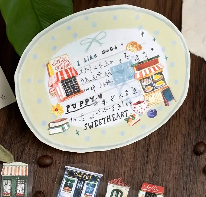 Cute watercolour illustration daily shop fronts cafe restaurant old houses die cut stickers
