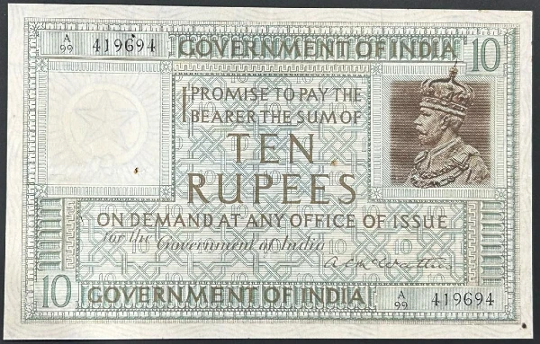 British India KGV 10 Rupees 1923 McWatters