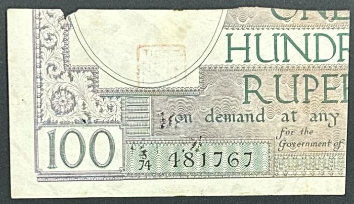 British Burma KGV 100 Rupees Cut Note with Japanese Chop Mark