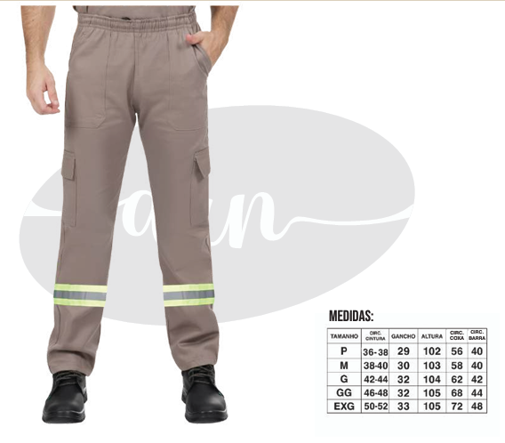 CALÇA CARGO EM BRIM GROSSO DOIS BOLSOS COM FAIXAS REFLETIVAS