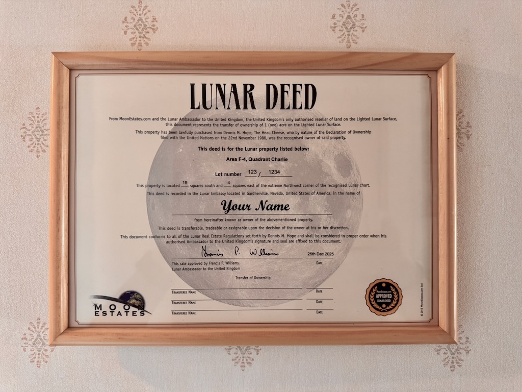 Land on the Moon with framed deed