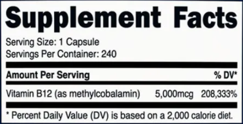 Vitamina B12 Metilcobalamina 5,000mcg 240 Cápsulas Nutricost